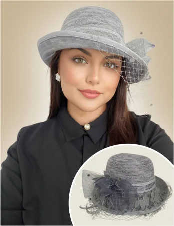 PALARII SOARE - Palarie dama lux din organza cu voaleta CELESTIA LUX (GRI) - marime unica, reglabila