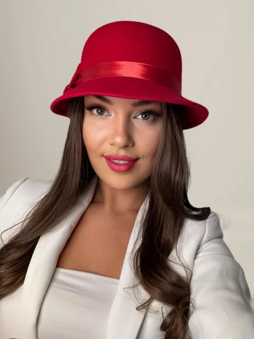 Palarie dama din fetru lux cu boruri tip sepcuta BARONESS LUX (ROSU) - marime unica, reglabila [2]