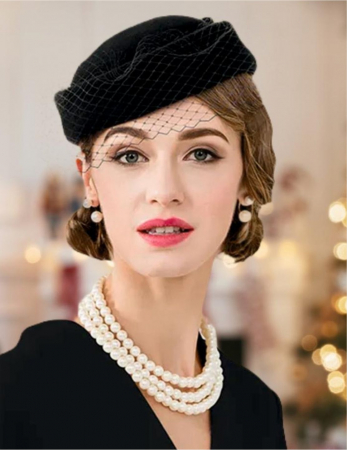 PALARII NEGRE - Palarie de dama din fetru tip toca cu voaleta Miss Paris (NEGRU) - marime unica, reglabila