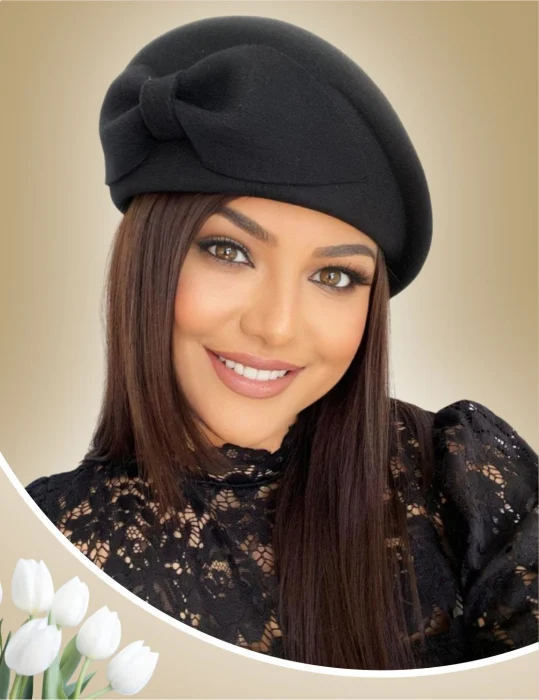 PALARII NEGRE - Palarie toca din fetru lux cu funda eleganta PRINCESS LUX ( NEAGRU, 12 culori) - marime unica, reglabila