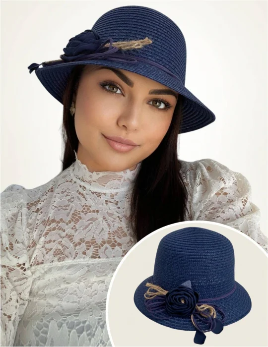 PALARII SOARE - Palarie de soare de lux cu boruri rotunde mici CALIPSO CHIC (BLEUMARIN) - marime unica, reglabila