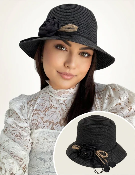PALARII SOARE - Palarie de soare de lux cu boruri rotunde mici CALIPSO CHIC (NEGRU) - marime unica, reglabila