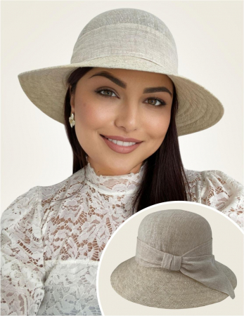 PALARII SOARE - Palarie de soare de lux din in cu semifunda PERLA LUX (CREM perlat) - marime unica, reglabila