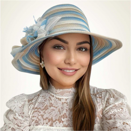 Palarie de soare de lux din organza satinata VENETIA CHIC (ALBASTRU+CREM) - marime unica, reglabila [2]