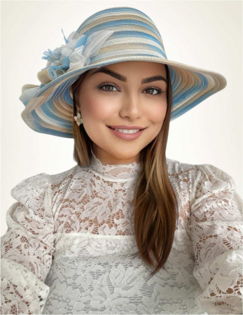 PALARII SOARE - Palarie de soare de lux din organza satinata VENETIA CHIC (ALBASTRU+CREM) - marime unica, reglabila