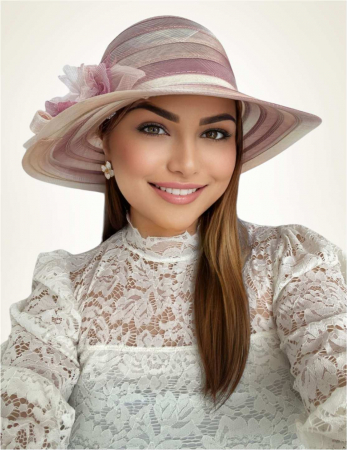 PALARII SOARE - Palarie de soare de lux din organza satinata VENETIA CHIC (ROZE+CREM) - marime unica, reglabila