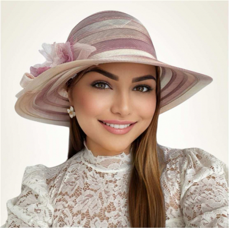 Palarie de soare de lux din organza satinata VENETIA CHIC (ROZE+CREM) - marime unica, reglabila [2]