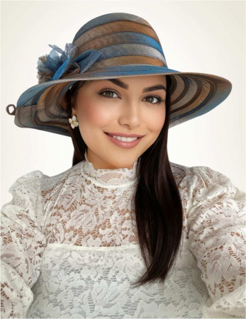 PALARII SOARE - Palarie de soare de lux din organza satinata VENETIA CHIC (ALBASTRU+ARAMIU) - marime unica, reglabila