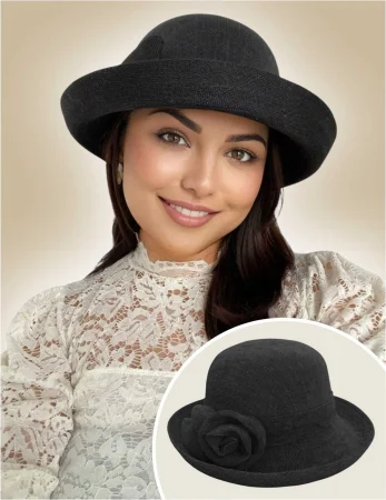 PALARII SOARE - Palarie soare de lux din cu boruri rotunde Michelle Lux (NEGRU) - marime unica, reglabila