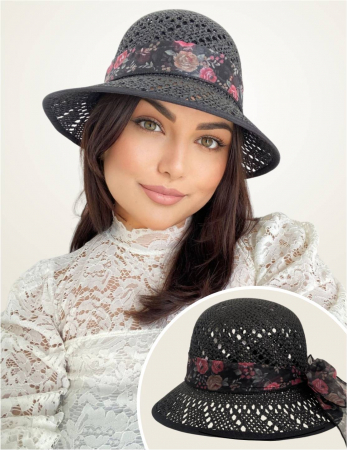 PALARII SOARE - Palarie dama cu boruri rotunde si funda de matase ANGELICA LUX (NEGRU) - marime unica, reglabila