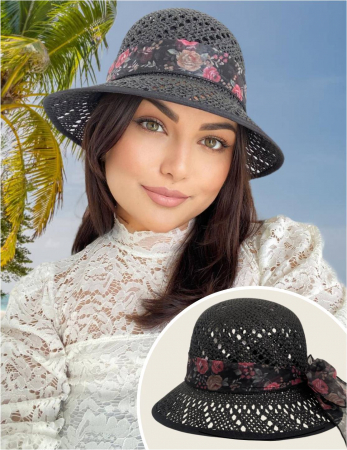 Palarie dama cu boruri rotunde si funda de matase ANGELICA LUX (NEGRU) - marime unica, reglabila [1]