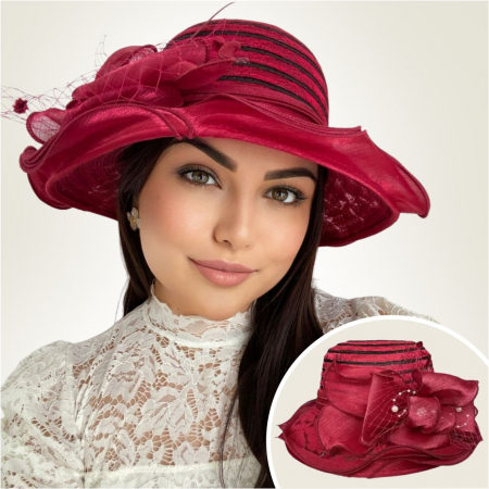 Palarie soare de lux din organza cu margini dantelate SPLENDOR LUX (GRENA) - marime unica, reglabila [2]