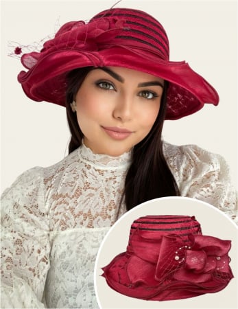 Cele mai vandute - Palarie soare de lux din organza cu margini dantelate SPLENDOR LUX (GRENA) - marime unica, reglabila