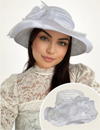Cele mai vandute - Palarie soare de lux din organza cu margini dantelate SPLENDOR LUX  (ALB) - marime unica, reglabila