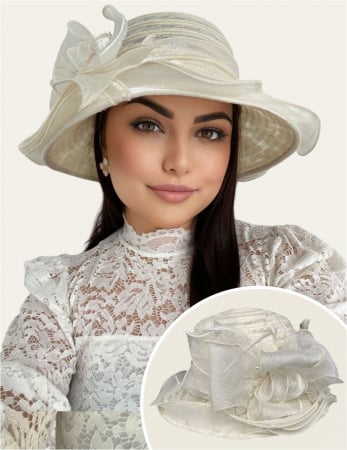 Cele mai vandute - Palarie soare de lux din organza cu margini dantelate SPLENDOR LUX  (CREM) - marime unica, reglabila