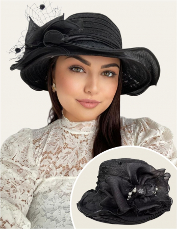 Cele mai vandute - Palarie soare de lux din organza cu margini dantelate SPLENDOR LUX (NEGRU) - marime unica, reglabila