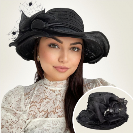 Palarie soare de lux din organza cu margini dantelate SPLENDOR LUX (NEGRU) - marime unica, reglabila [2]