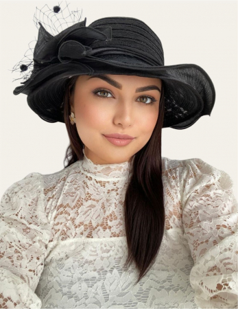 Palarie soare de lux din organza cu margini dantelate SPLENDOR LUX (NEGRU) - marime unica, reglabila [1]