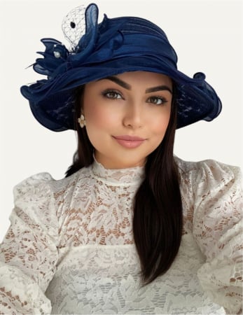 Cele mai vandute - Palarie soare de lux din organza cu margini dantelate SPLENDOR LUX (BLEUMARIN) - marime unica, reglabila