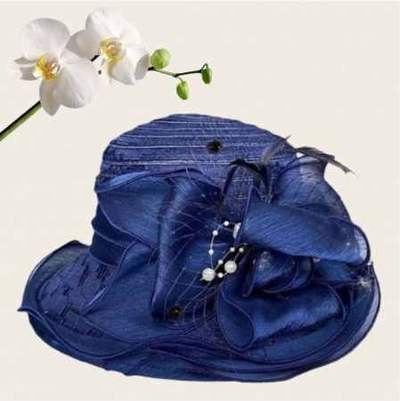 Palarie soare de lux din organza cu margini dantelate SPLENDOR LUX (BLEUMARIN) - marime unica, reglabila [3]