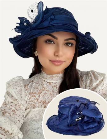 Palarie soare de lux din organza cu margini dantelate SPLENDOR LUX (BLEUMARIN) - marime unica, reglabila [1]