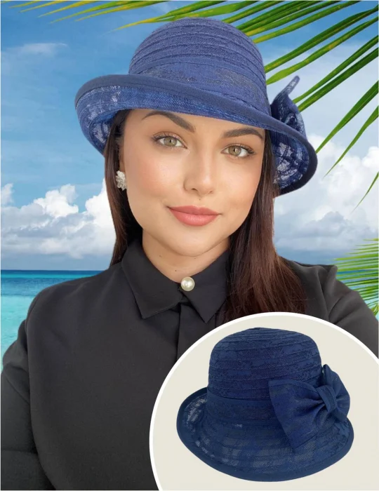 Cele mai vandute - Palarie soare de lux din organza dantelata cu flori ANTONIA LUX (BLEUMARIN) - marime unica, reglabila