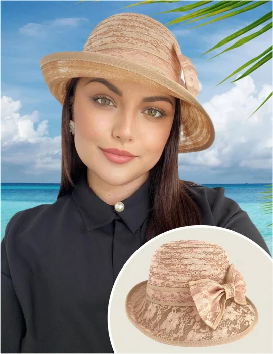 Cele mai vandute - Palarie soare de lux din organza dantelata cu flori ANTONIA LUX (MARO cappuccino) - marime unica, reglabila