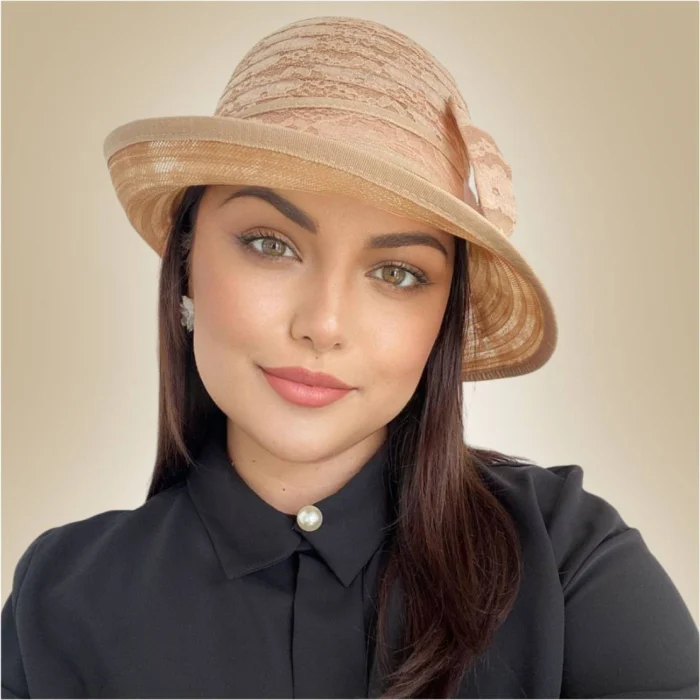 Palarie soare de lux din organza dantelata cu flori ANTONIA LUX (MARO cappuccino) - marime unica, reglabila [2]