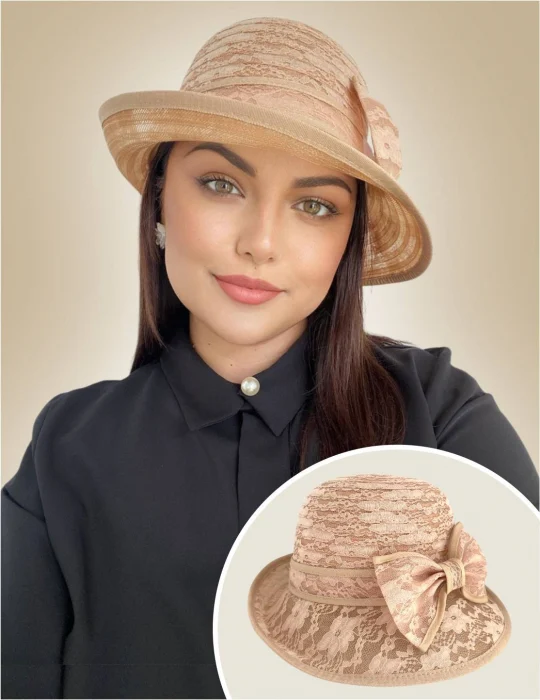 Palarie soare de lux din organza dantelata cu flori ANTONIA LUX (MARO cappuccino) - marime unica, reglabila [1]