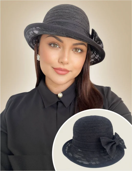 Palarie soare de lux din organza dantelata cu flori ANTONIA LUX (NEGRU) - marime unica, reglabila [1]