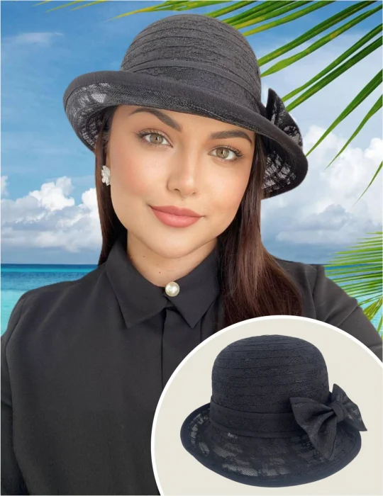 Cele mai vandute - Palarie soare de lux din organza dantelata cu flori ANTONIA LUX (NEGRU) - marime unica, reglabila