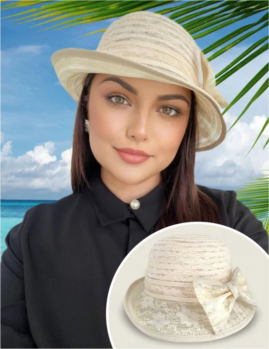 Cele mai vandute - Palarie soare de lux din organza dantelata cu flori ANTONIA LUX (CREM) - marime unica, reglabila