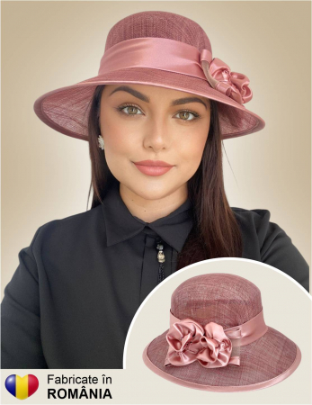PALARII de soare - modele noi din sisal si satin de lux Fabricate in Romania - Palarii dama boruri mari LADY ROSE-palarie roz pudra, reglabila