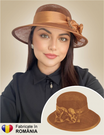 PALARII de soare - modele noi din sisal si satin de lux Fabricate in Romania - Palarii dama boruri mari LADY ROSE-palarie caramiziu, reglabila