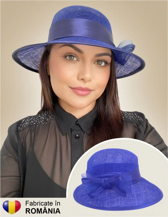 Cele mai vandute - Palarie soare de lux din sizal cu funda din satin AURORA LUX (ALBASTRU) - marime unica, reglabila