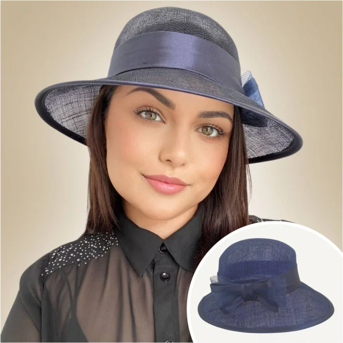 Palarie soare de lux din sizal cu funda din satin AURORA LUX (BLEUMARIN) - marime unica, reglabila [2]
