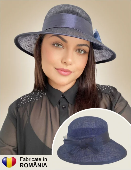 PALARII SOARE - Palarie soare de lux din sizal cu funda din satin AURORA LUX (BLEUMARIN) - marime unica, reglabila