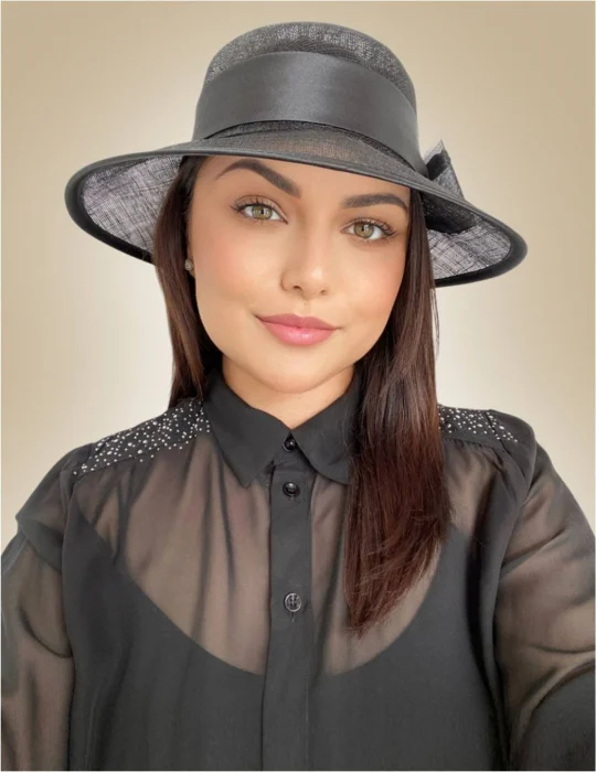 Palarie soare de lux din sizal cu funda din satin AURORA LUX (NEGRU) - marime unica, reglabila [2]