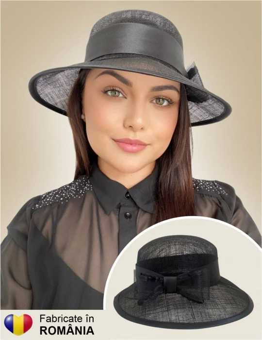 PALARII SOARE - Palarie soare de lux din sizal cu funda din satin AURORA LUX (NEGRU) - marime unica, reglabila