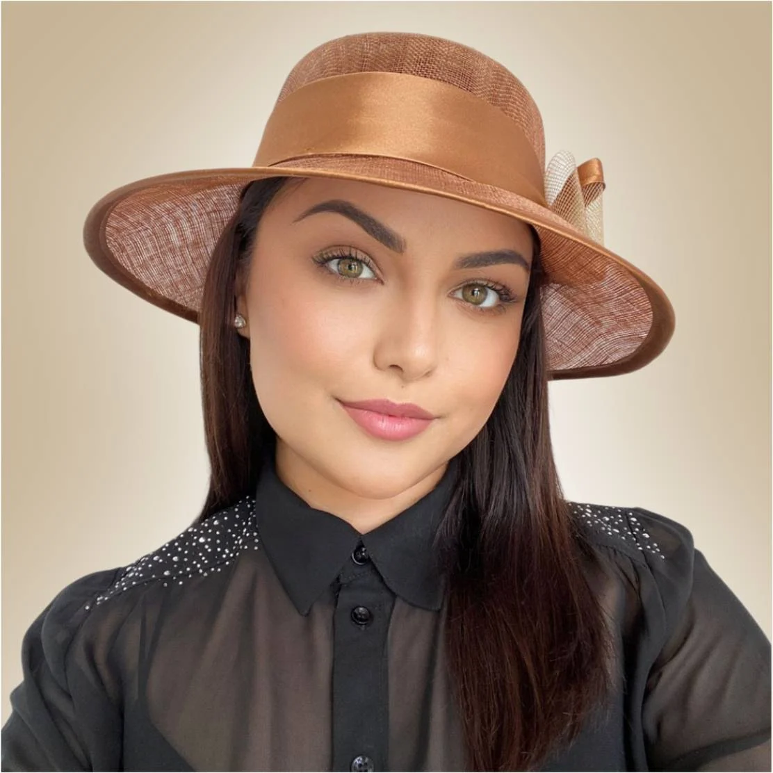 Palarie soare de lux din sizal cu funda din satin AURORA LUX (CARAMIZIU) - marime unica, reglabila [2]