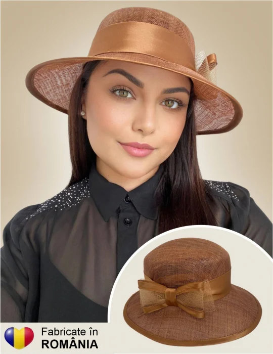 PALARII SOARE - Palarie soare de lux din sizal cu funda din satin AURORA LUX (CARAMIZIU) - marime unica, reglabila