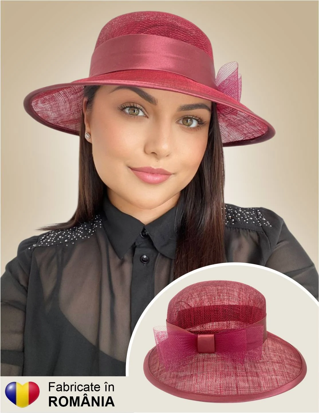 PALARII SOARE - Palarie soare de lux din sizal cu funda din satin AURORA LUX (GRENA) - marime unica, reglabila