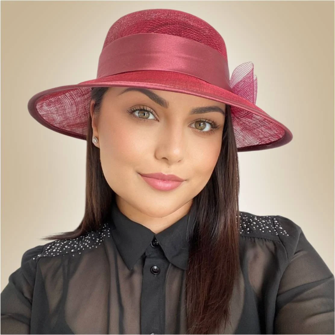 Palarie soare de lux din sizal cu funda din satin AURORA LUX (GRENA) - marime unica, reglabila [2]