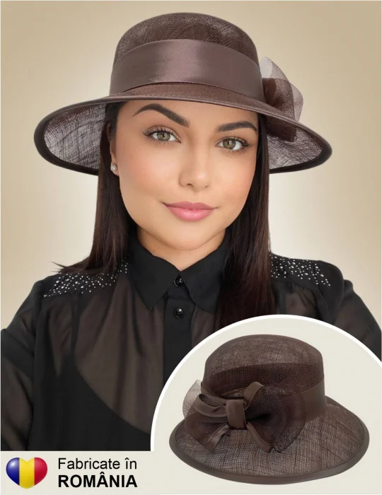 PALARII SOARE - Palarie soare de lux din sizal cu funda din satin AURORA LUX (MARO mahon) - marime unica, reglabila