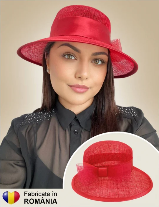 PALARII SOARE - Palarie soare de lux din sizal cu funda din satin AURORA LUX (ROSU) - marime unica, reglabila