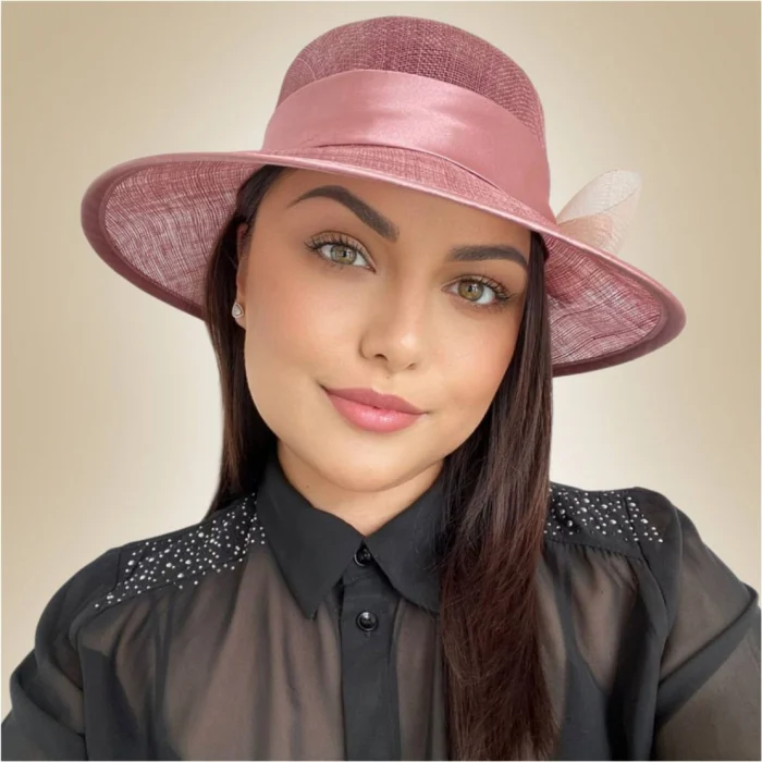 Palarie soare de lux din sizal cu funda din satin AURORA LUX (ROZ pudra) - marime unica, reglabila [2]