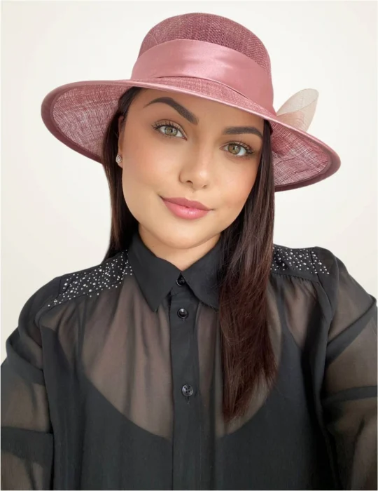 Palarie soare de lux din sizal cu funda din satin AURORA LUX (ROZ pudra) - marime unica, reglabila [1]