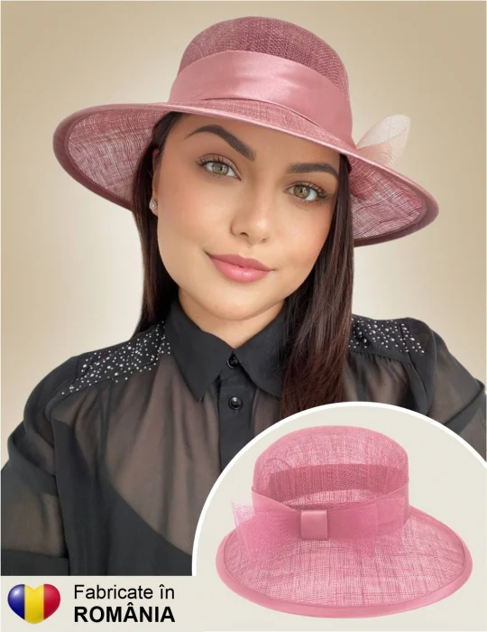 PALARII SOARE - Palarie soare de lux din sizal cu funda din satin AURORA LUX (ROZ pudra) - marime unica, reglabila