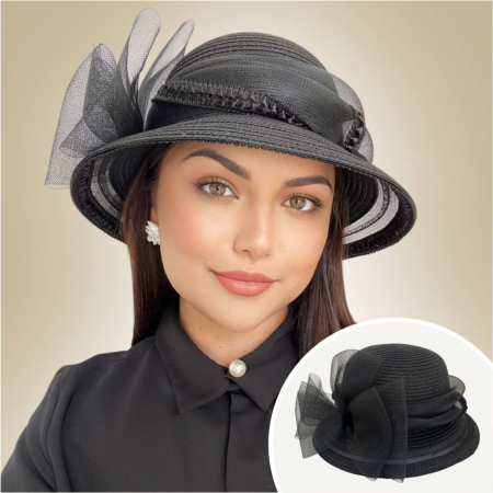 Palarie soare lux cu decor luxuriant din crinolina MISS AMERICA (NEGRU+crinolina pe margine) - marime unica, reglabila [1]