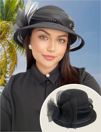 Cele mai vandute - Palarie soare lux cu decor luxuriant din crinolina MISS AMERICA (NEGRU+crinolina pe margine) - marime unica, reglabila